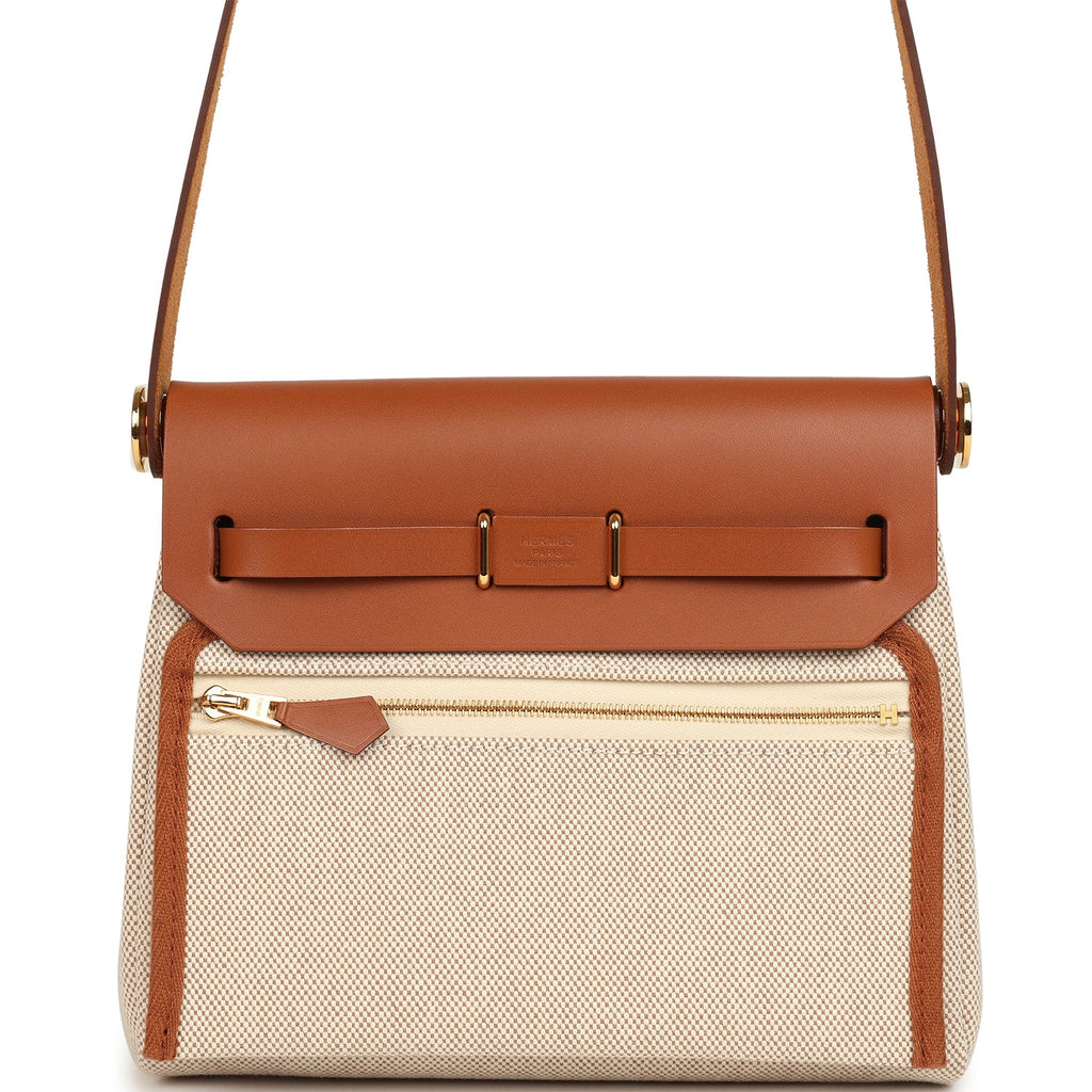 Hermes Herbag Zip 20 Mini Ecru and Beige Toile H Canvas and Fauve Vache Hunter Gold Hardware