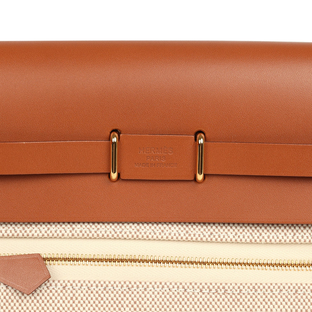Hermes Herbag Zip 20 Mini Ecru and Beige Toile H Canvas and Fauve Vache Hunter Gold Hardware