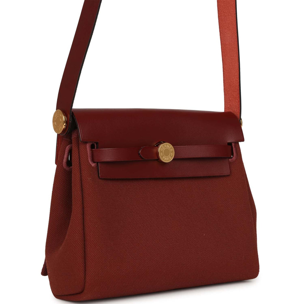 Hermes Herbag Zip 20 Mini Rouge H Toile Militaire Canvas and Vache Hunter Gold Hardware