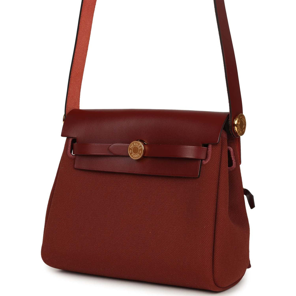 Hermes Herbag Zip 20 Mini Rouge H Toile Militaire Canvas and Vache Hunter Gold Hardware