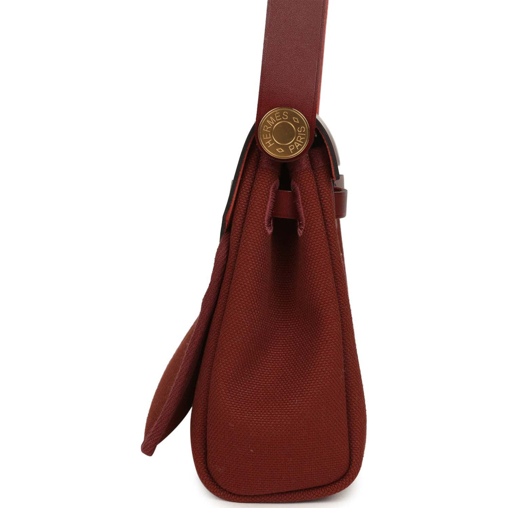 Hermes Herbag Zip 20 Mini Rouge H Toile Militaire Canvas and Vache Hunter Gold Hardware