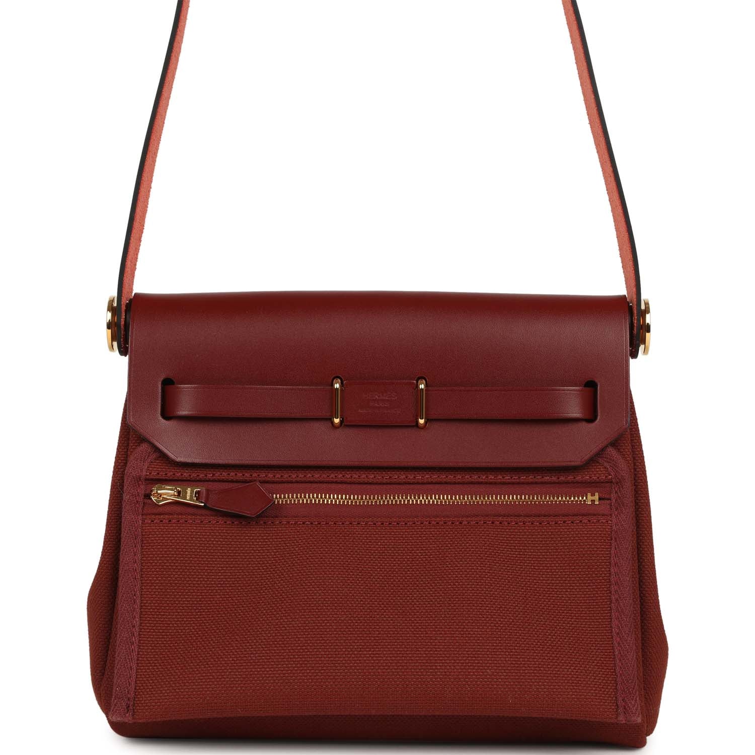 Hermes Herbag Zip 20 Mini Rouge H Toile Militaire Canvas and Vache Hunter Gold Hardware