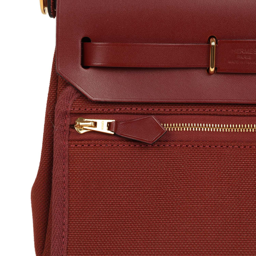 Hermes Herbag Zip 20 Mini Rouge H Toile Militaire Canvas and Vache Hunter Gold Hardware