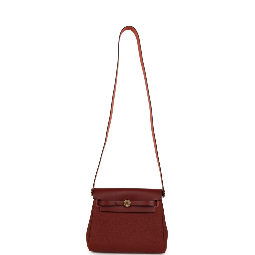 Hermes Herbag Zip 20 Mini Rouge H Toile Militaire Canvas and Vache Hunter Gold Hardware