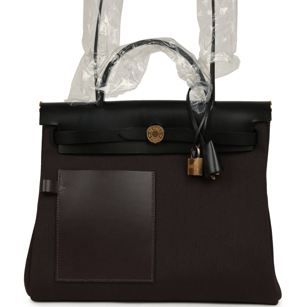 Hermes Herbag Zip Pocket PM 31 Ebene Militaire Canvas and Black Vache Hunter Gold Hardware