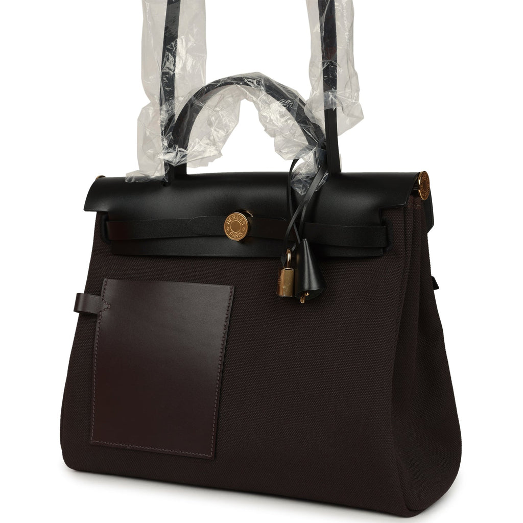 Hermes Herbag Zip Pocket PM 31 Ebene Militaire Canvas and Black Vache Hunter Gold Hardware