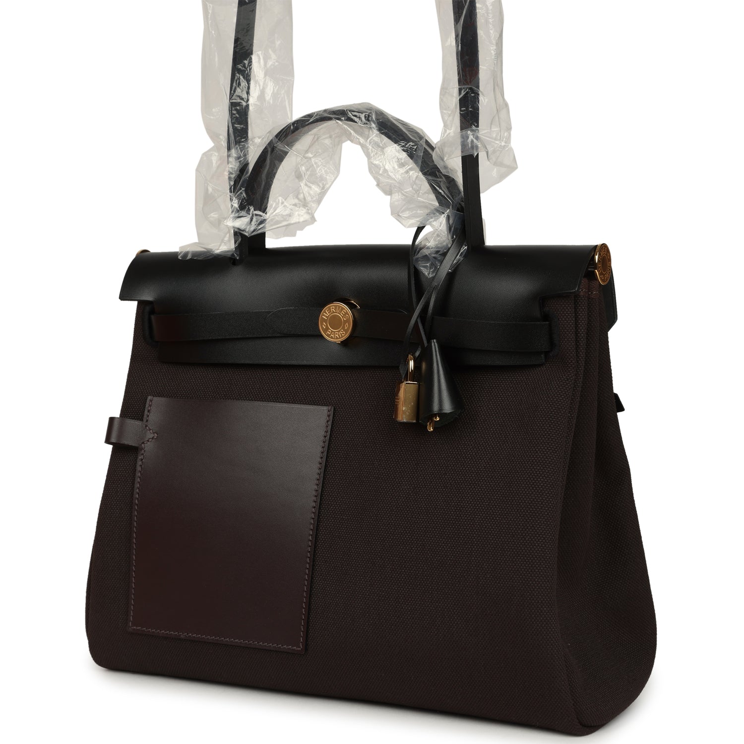 Hermes Herbag Zip Pocket PM 31 Ebene Militaire Canvas and Black Vache Hunter Gold Hardware