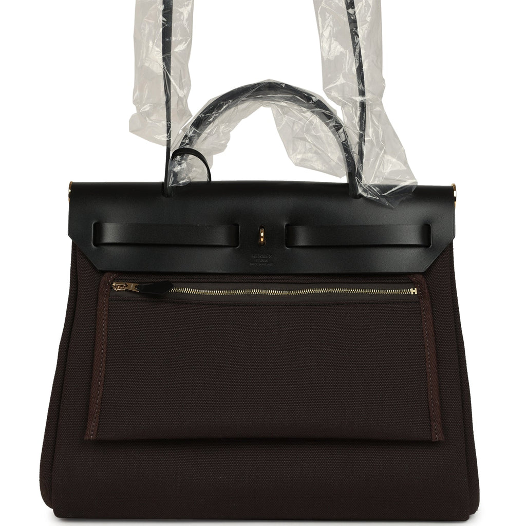 Hermes Herbag Zip Pocket PM 31 Ebene Militaire Canvas and Black Vache Hunter Gold Hardware