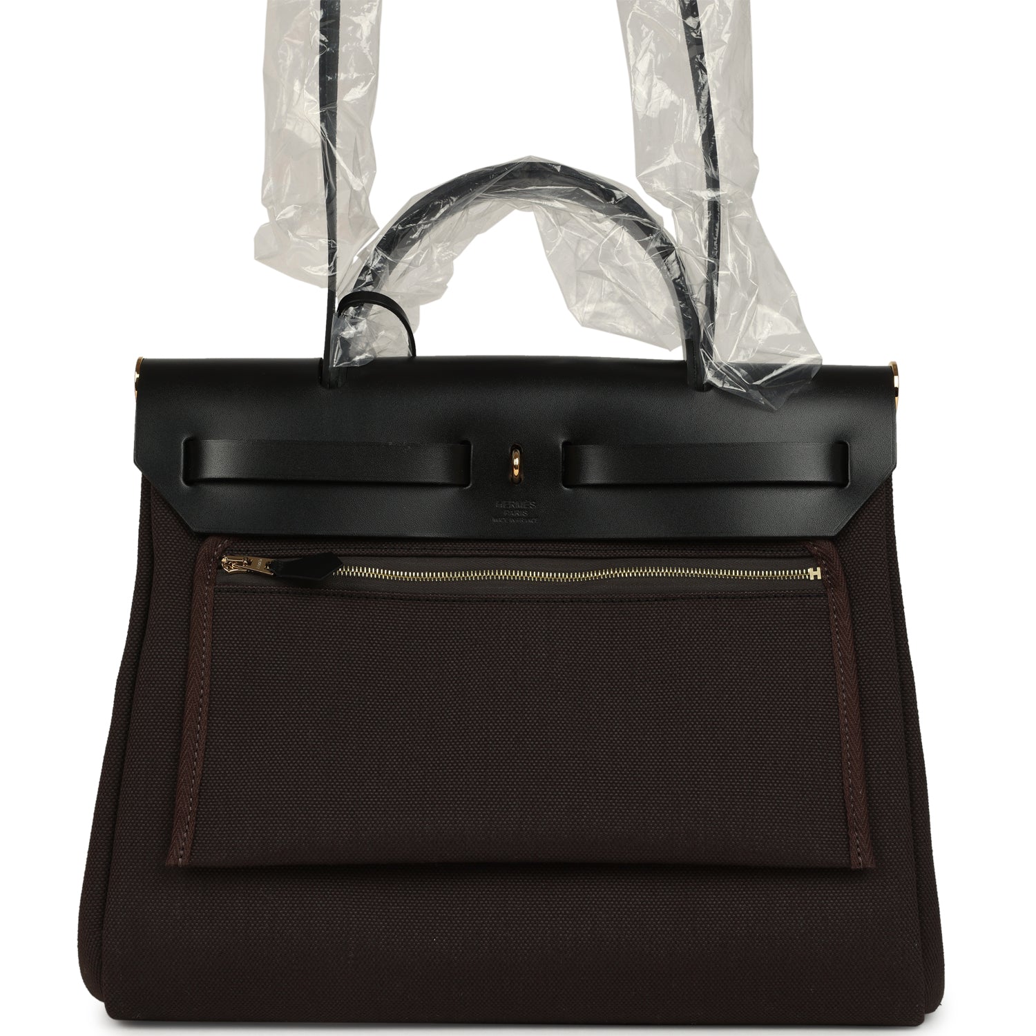 Hermes Herbag Zip Pocket PM 31 Ebene Militaire Canvas and Black Vache Hunter Gold Hardware