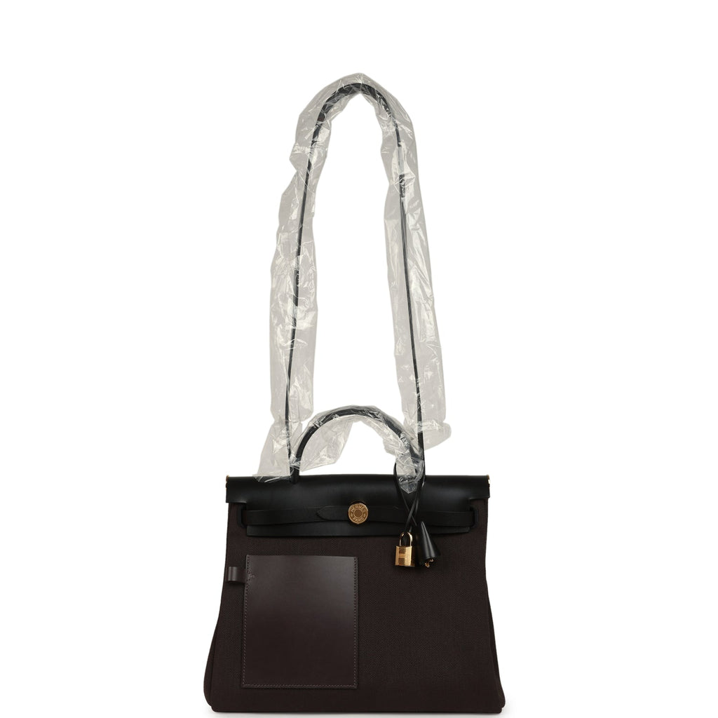 Hermes Herbag Zip Pocket PM 31 Ebene Militaire Canvas and Black Vache Hunter Gold Hardware