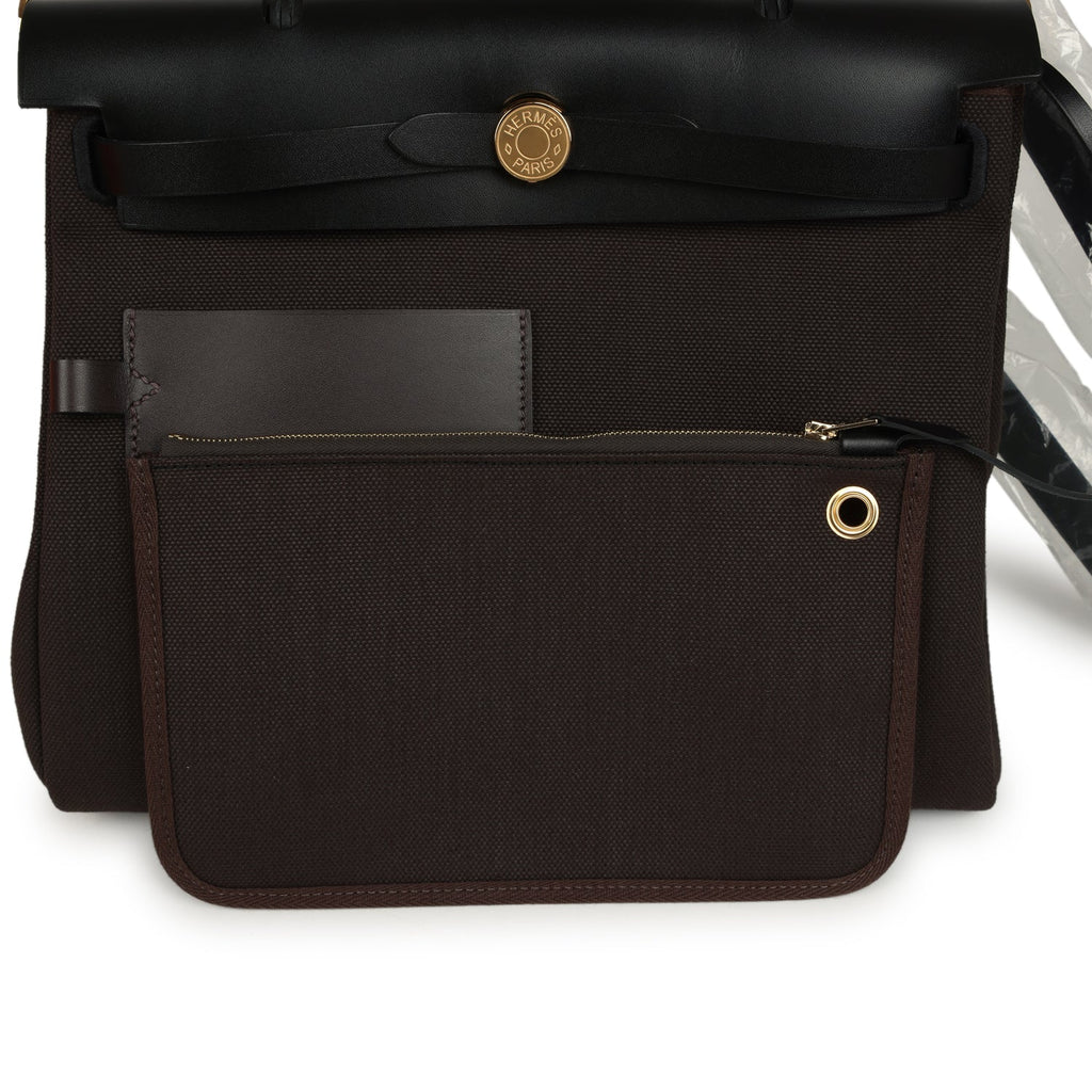 Hermes Herbag Zip Pocket PM 31 Ebene Militaire Canvas and Black Vache Hunter Gold Hardware