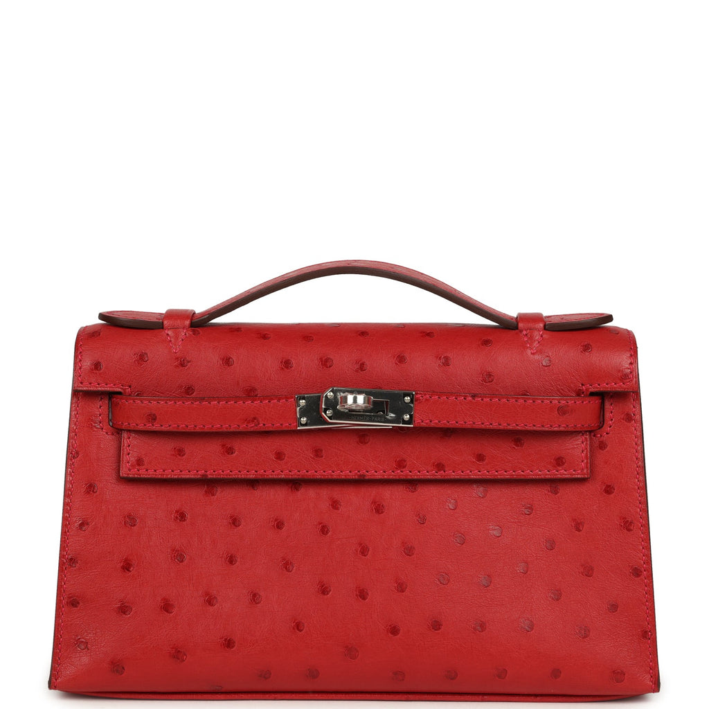 Hermes Kelly Pochette Rouge Vif Ostrich Palladium Hardware