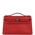 Hermes Kelly Pochette Rouge Vif Ostrich Palladium Hardware