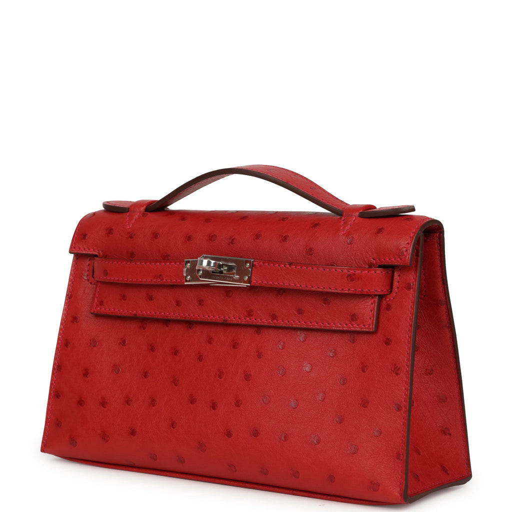 Hermes Kelly Pochette Rouge Vif Ostrich Palladium Hardware