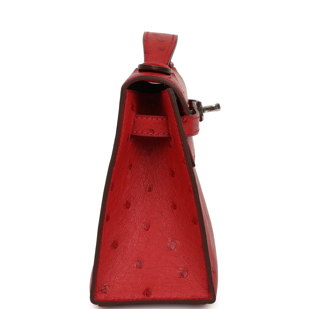 Hermes Kelly Pochette Rouge Vif Ostrich Palladium Hardware