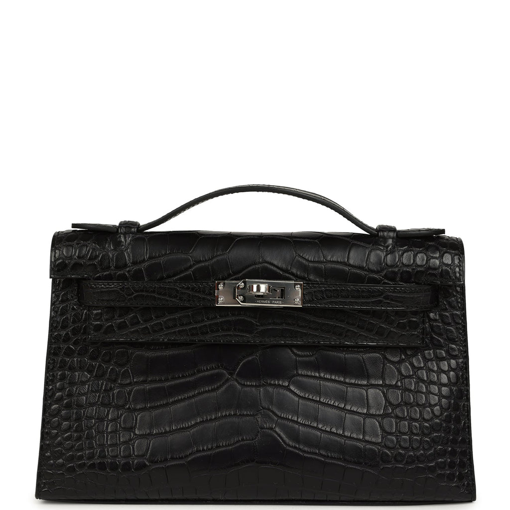 Hermes Kelly Pochette Black Matte Alligator Palladium Hardware