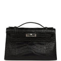 Hermes Kelly Pochette Black Matte Alligator Palladium Hardware