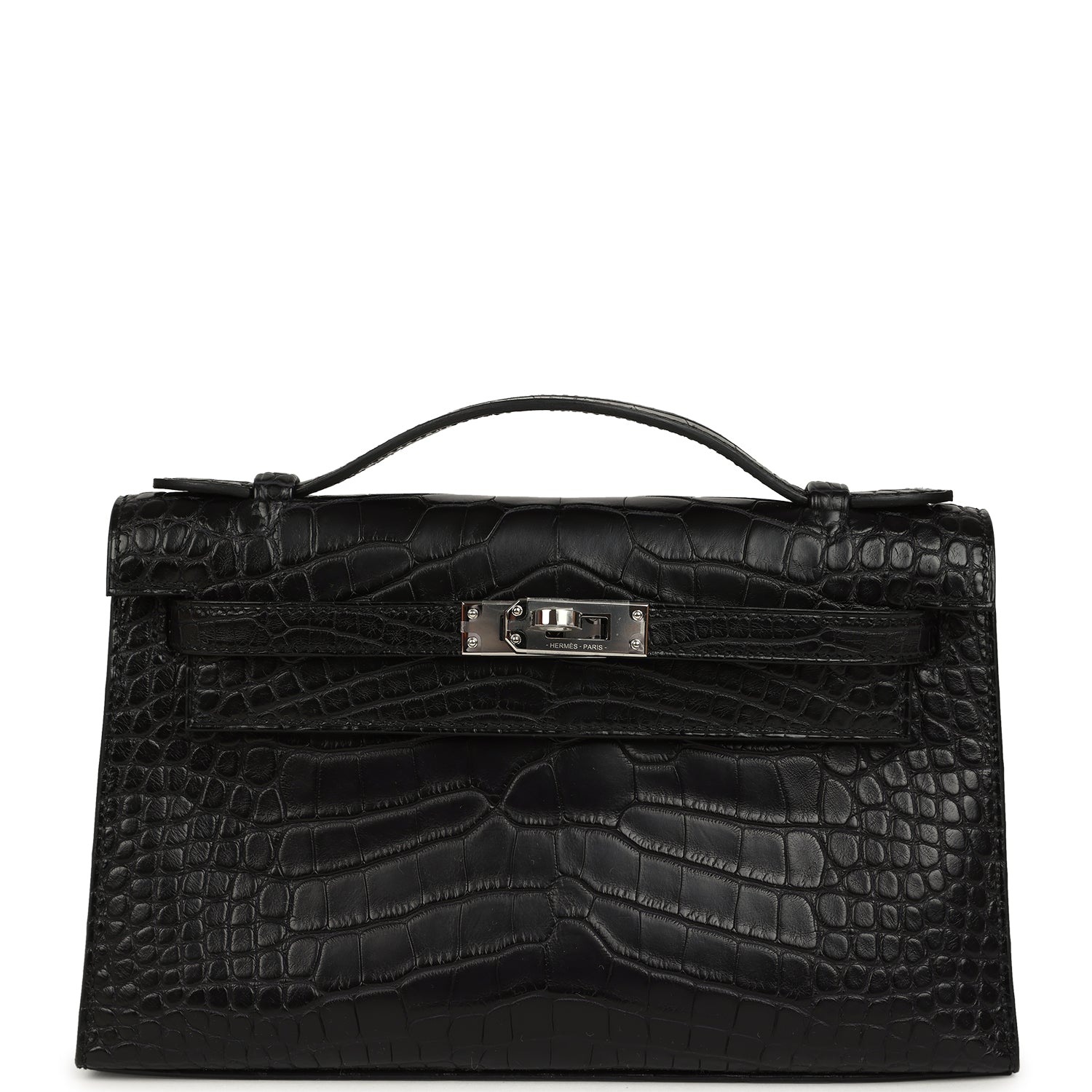 Hermes Kelly Pochette Black Matte Alligator Palladium Hardware