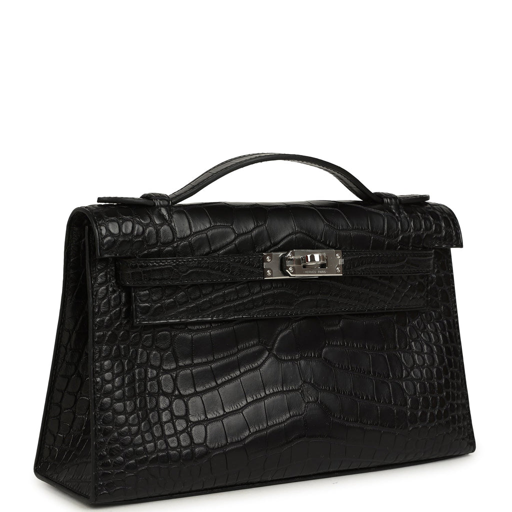 Hermes Kelly Pochette Black Matte Alligator Palladium Hardware