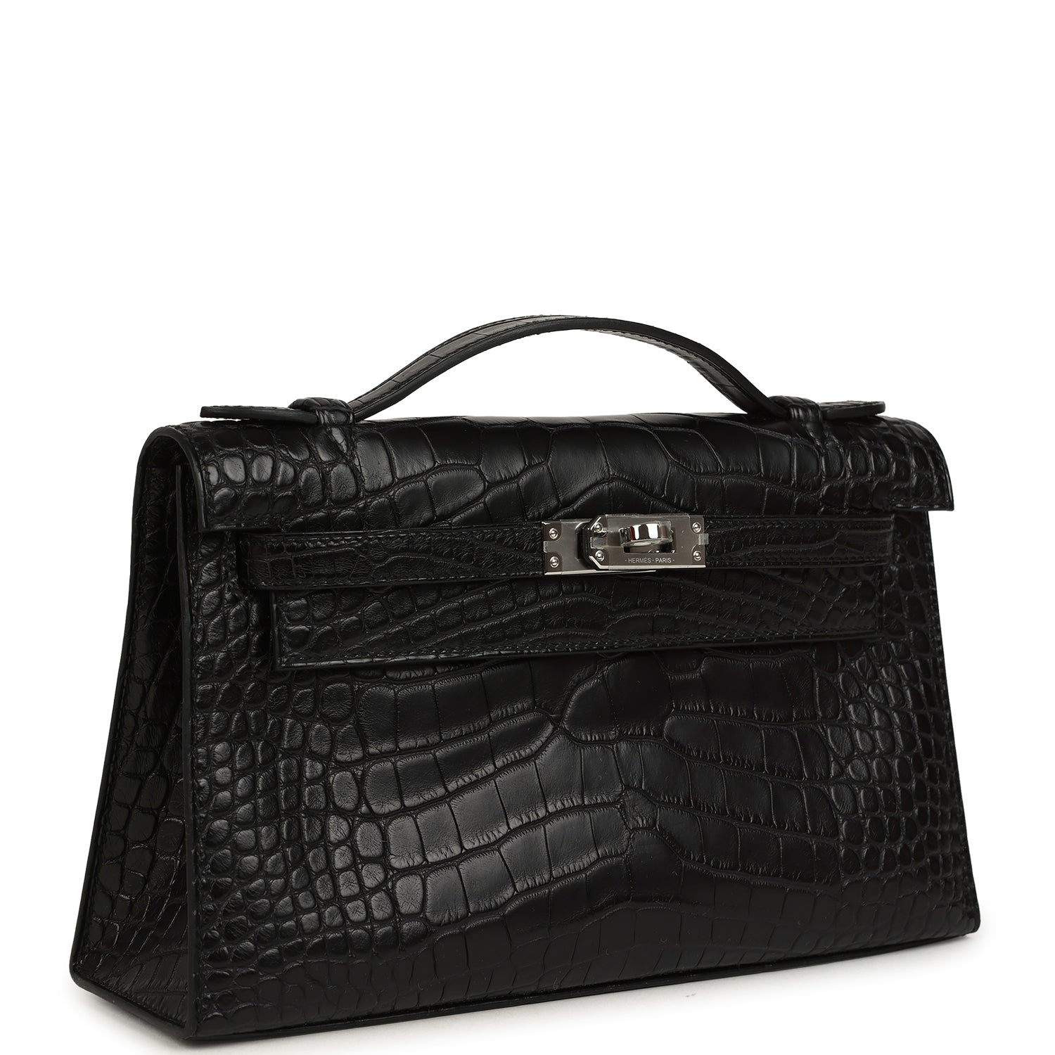 Hermes Kelly Pochette Black Matte Alligator Palladium Hardware
