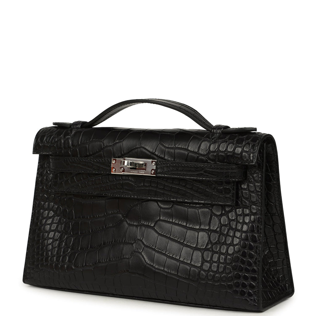 Hermes Kelly Pochette Black Matte Alligator Palladium Hardware