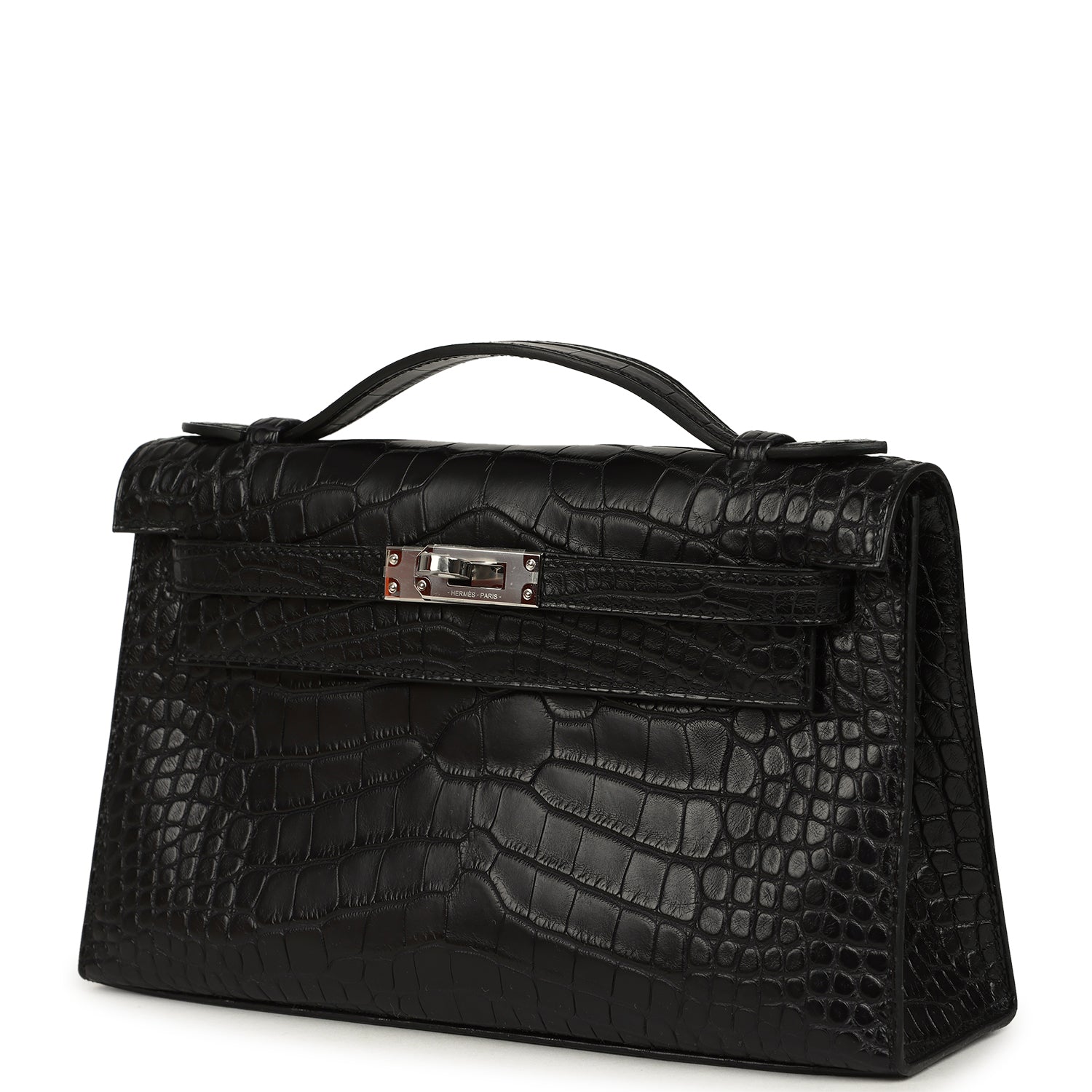 Hermes Kelly Pochette Black Matte Alligator Palladium Hardware
