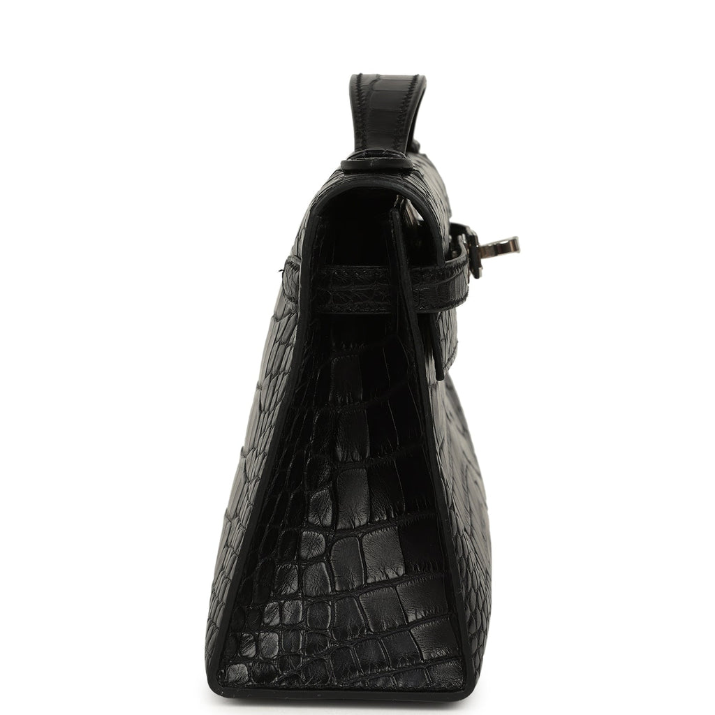 Hermes Kelly Pochette Black Matte Alligator Palladium Hardware