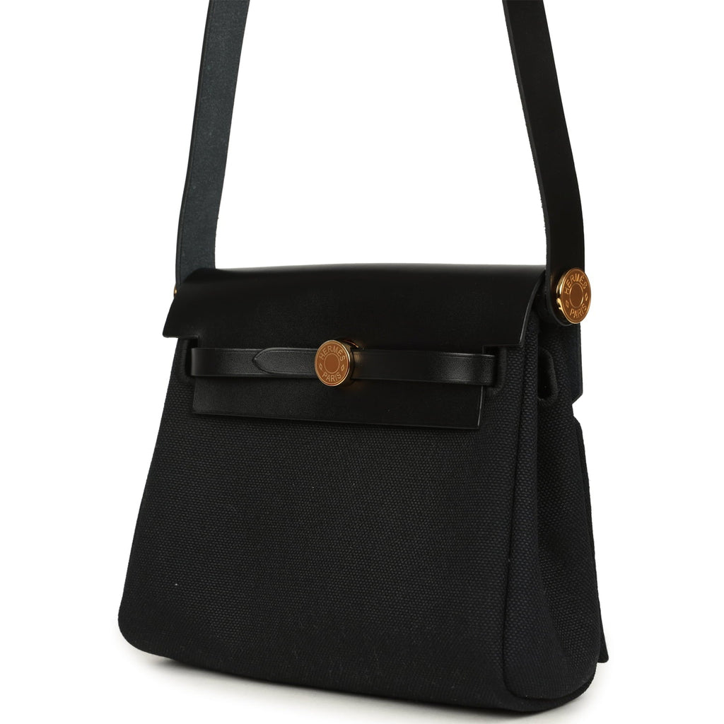 Hermes Herbag Zip 20 Mini Black Toile Militaire Canvas and Black Vache Hunter Gold Hardware