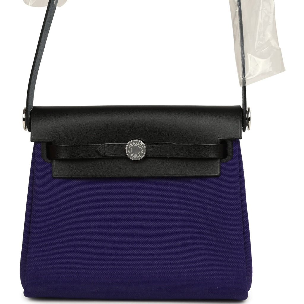 Hermes Herbag Zip 20 Mini Purple Toile Militaire Canvas and Black Vache Hunter Palladium Hardware