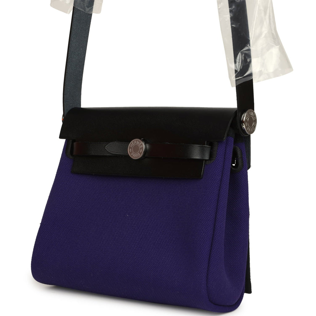 Hermes Herbag Zip 20 Mini Purple Toile Militaire Canvas and Black Vache Hunter Palladium Hardware
