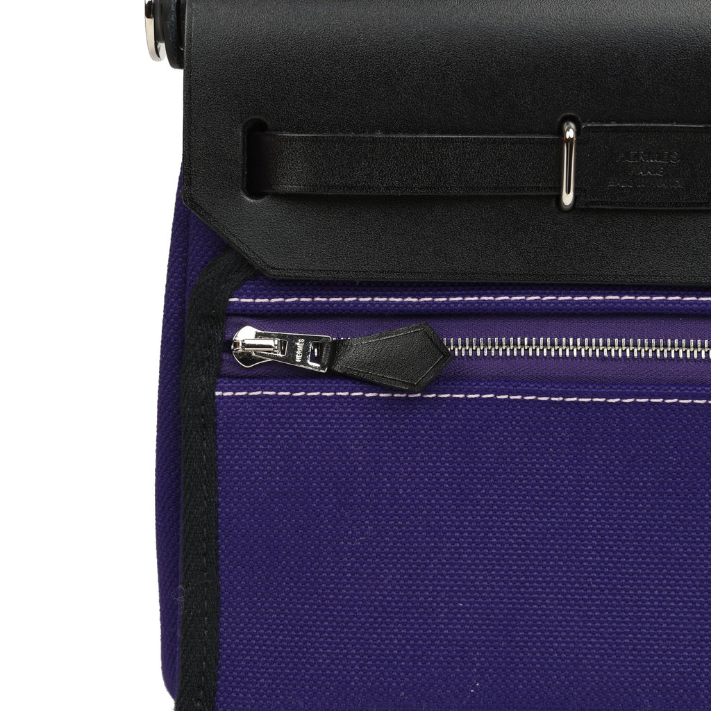 Hermes Herbag Zip 20 Mini Purple Toile Militaire Canvas and Black Vache Hunter Palladium Hardware