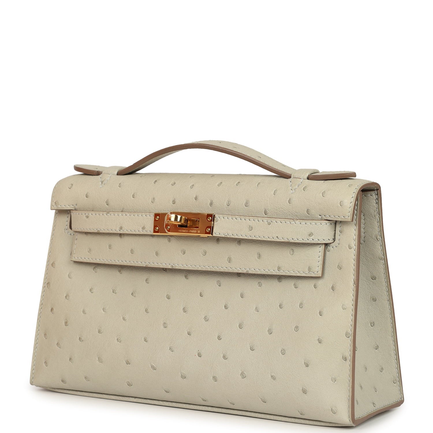 Hermes Kelly Pochette Gris Perle Ostrich Gold Hardware