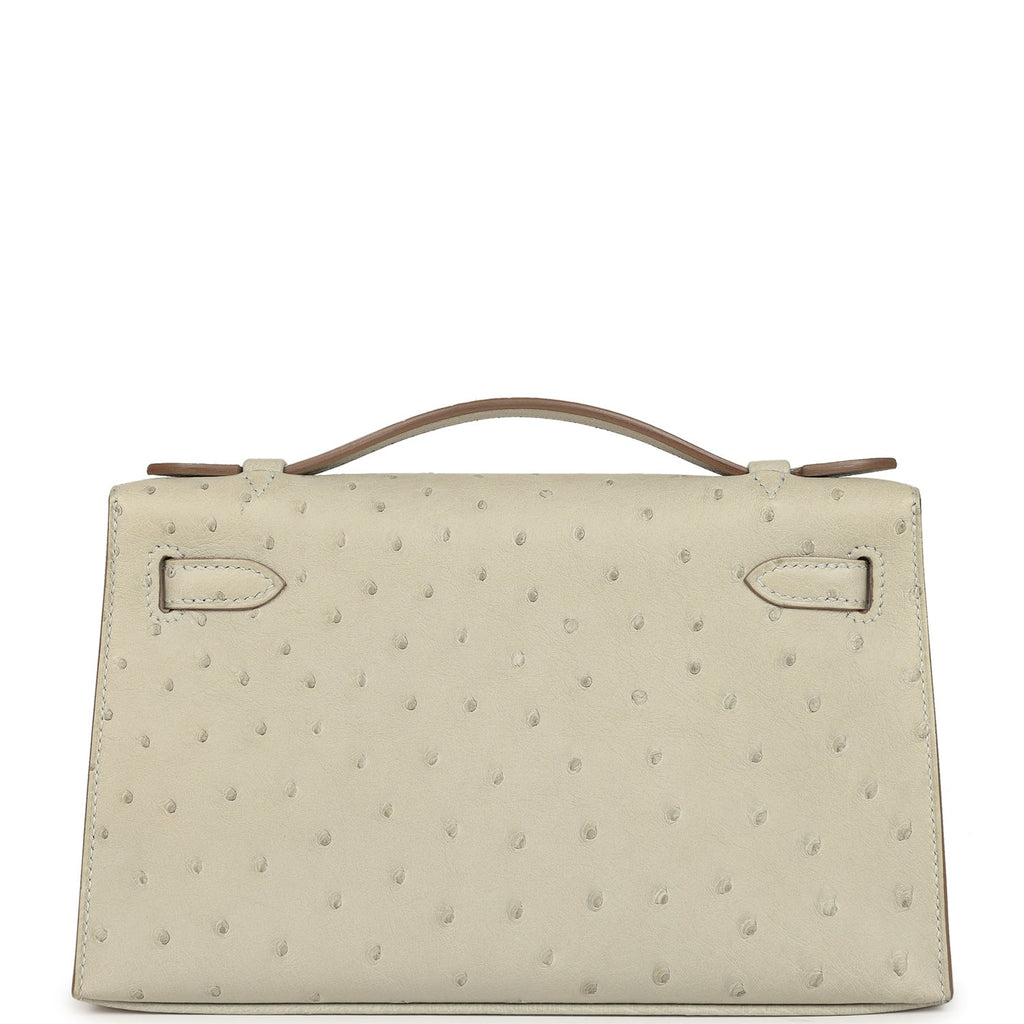 Hermes Kelly Pochette Gris Perle Ostrich Gold Hardware