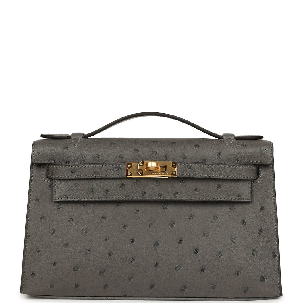 Hermes Kelly Pochette Gris Meyer Ostrich Gold Hardware