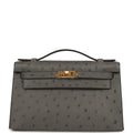 Hermes Kelly Pochette Gris Meyer Ostrich Gold Hardware