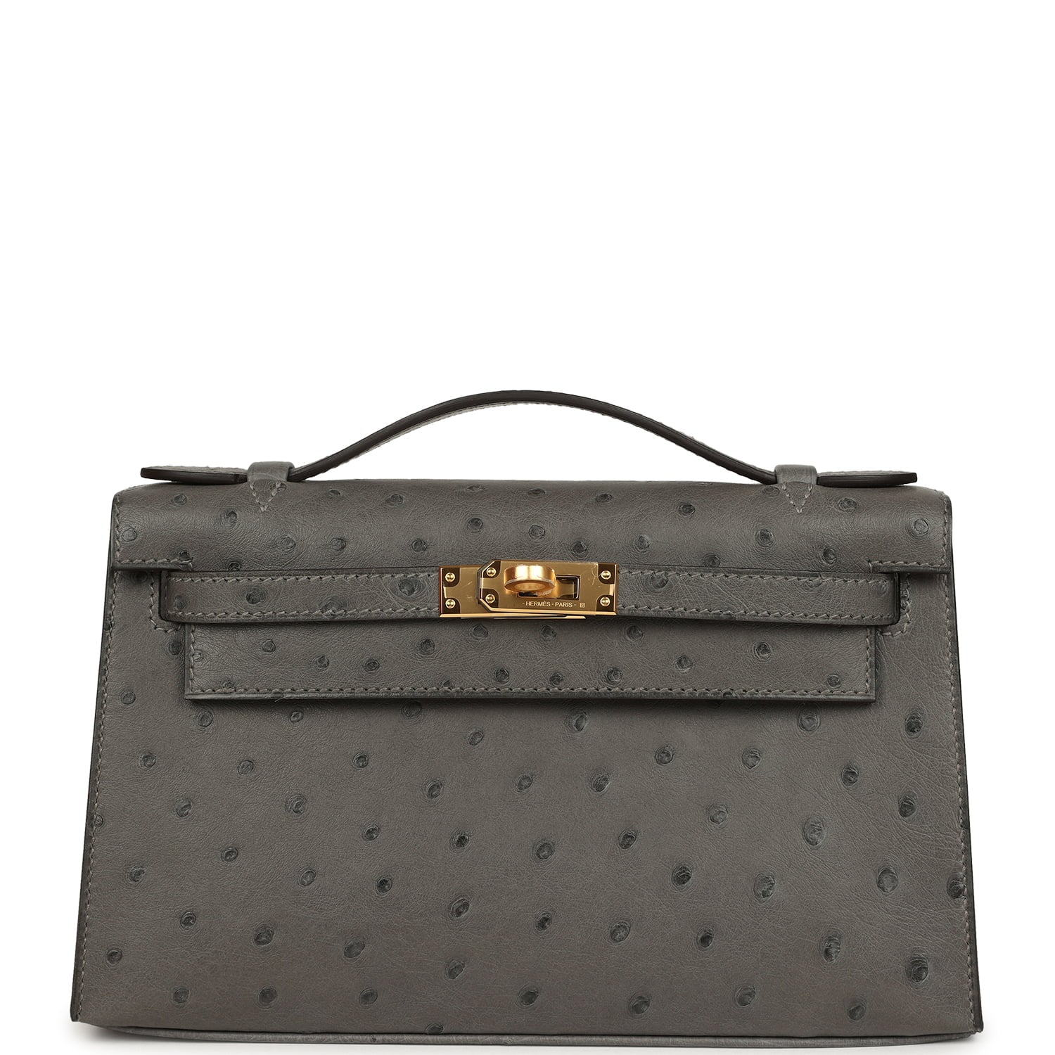 Hermes Kelly Pochette Gris Meyer Ostrich Gold Hardware