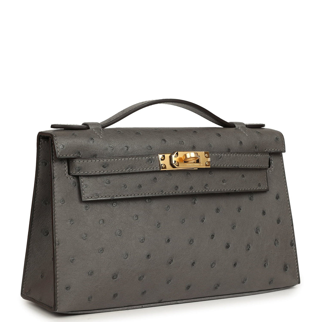 Hermes Kelly Pochette Gris Meyer Ostrich Gold Hardware