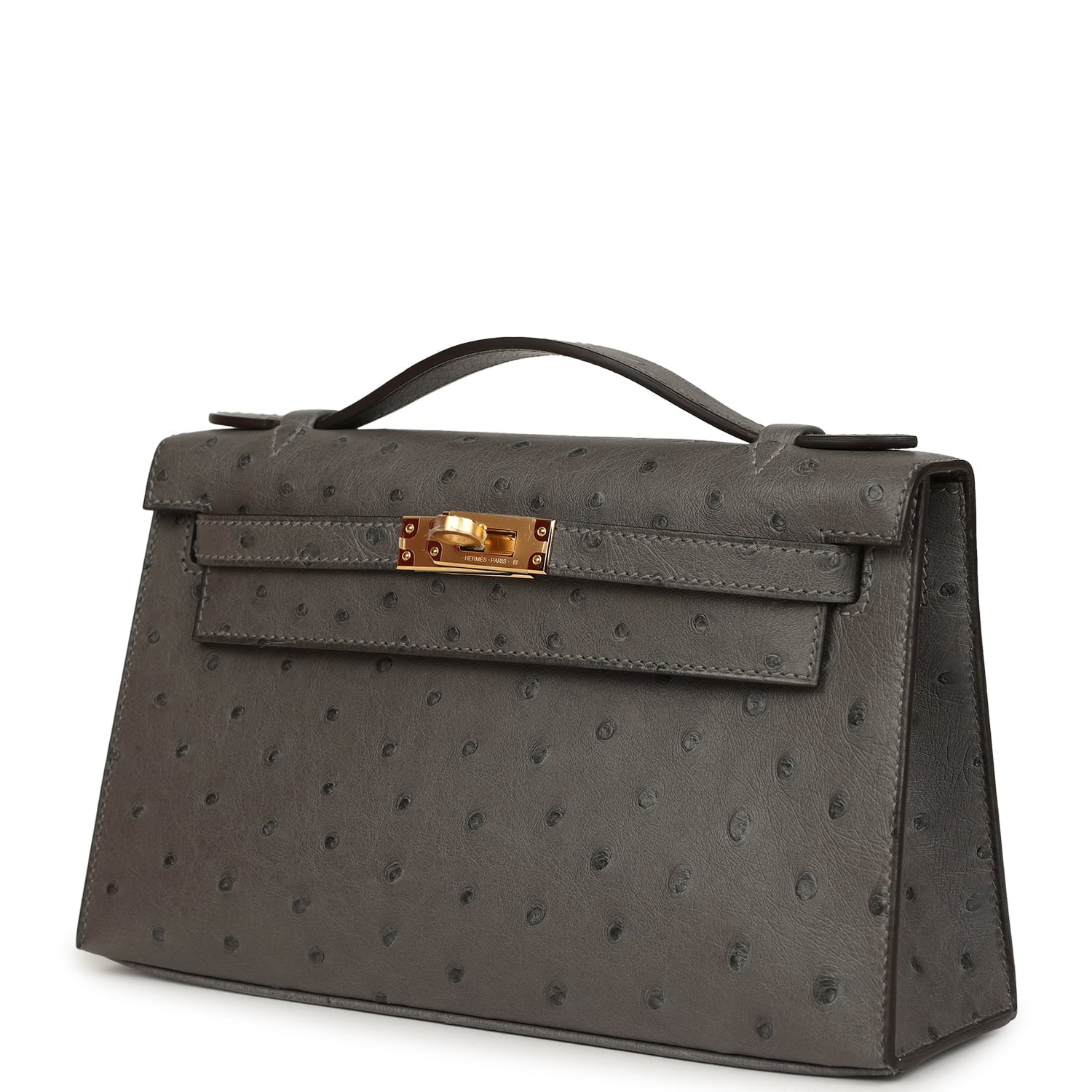 Hermes Kelly Pochette Gris Meyer Ostrich Gold Hardware