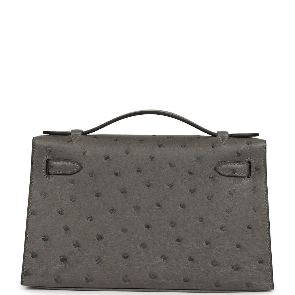 Hermes Kelly Pochette Gris Meyer Ostrich Gold Hardware