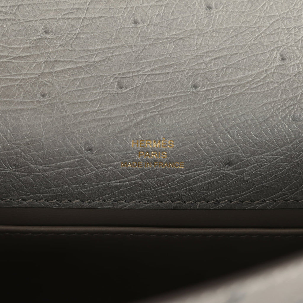 Hermes Kelly Pochette Gris Meyer Ostrich Gold Hardware