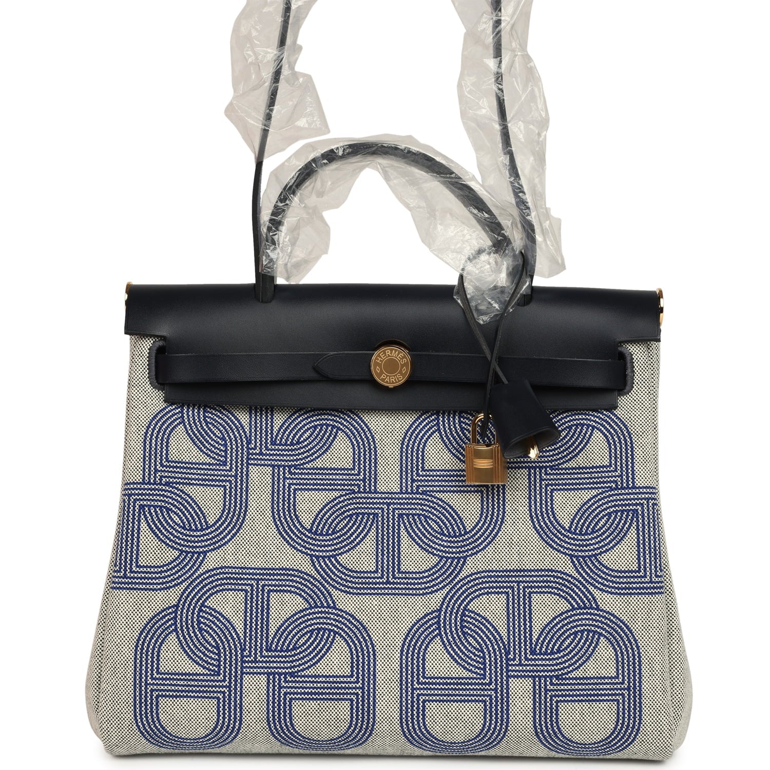 Hermes Herbag Zip PM 31 "Circuit 24" Bleu Royal, Ecru Toile H Canvas and Bleu Indigo Vache Hunter Leather Gold Hardware