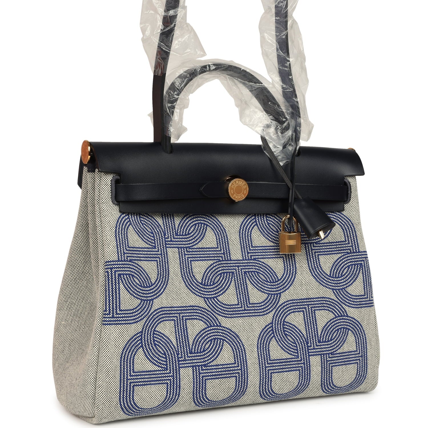 Hermes Herbag Zip PM 31 "Circuit 24" Bleu Royal, Ecru Toile H Canvas and Bleu Indigo Vache Hunter Leather Gold Hardware
