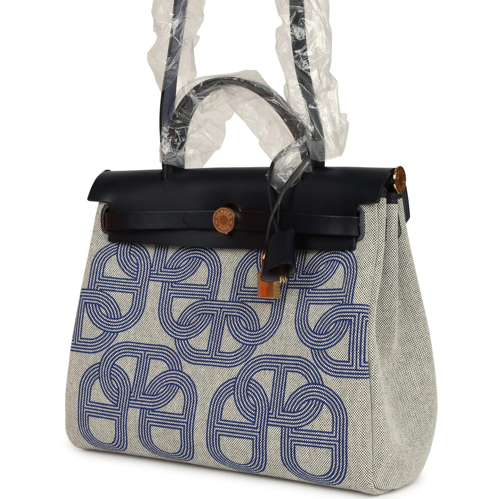Hermes Herbag Zip PM 31 "Circuit 24" Bleu Royal, Ecru Toile H Canvas and Bleu Indigo Vache Hunter Leather Gold Hardware