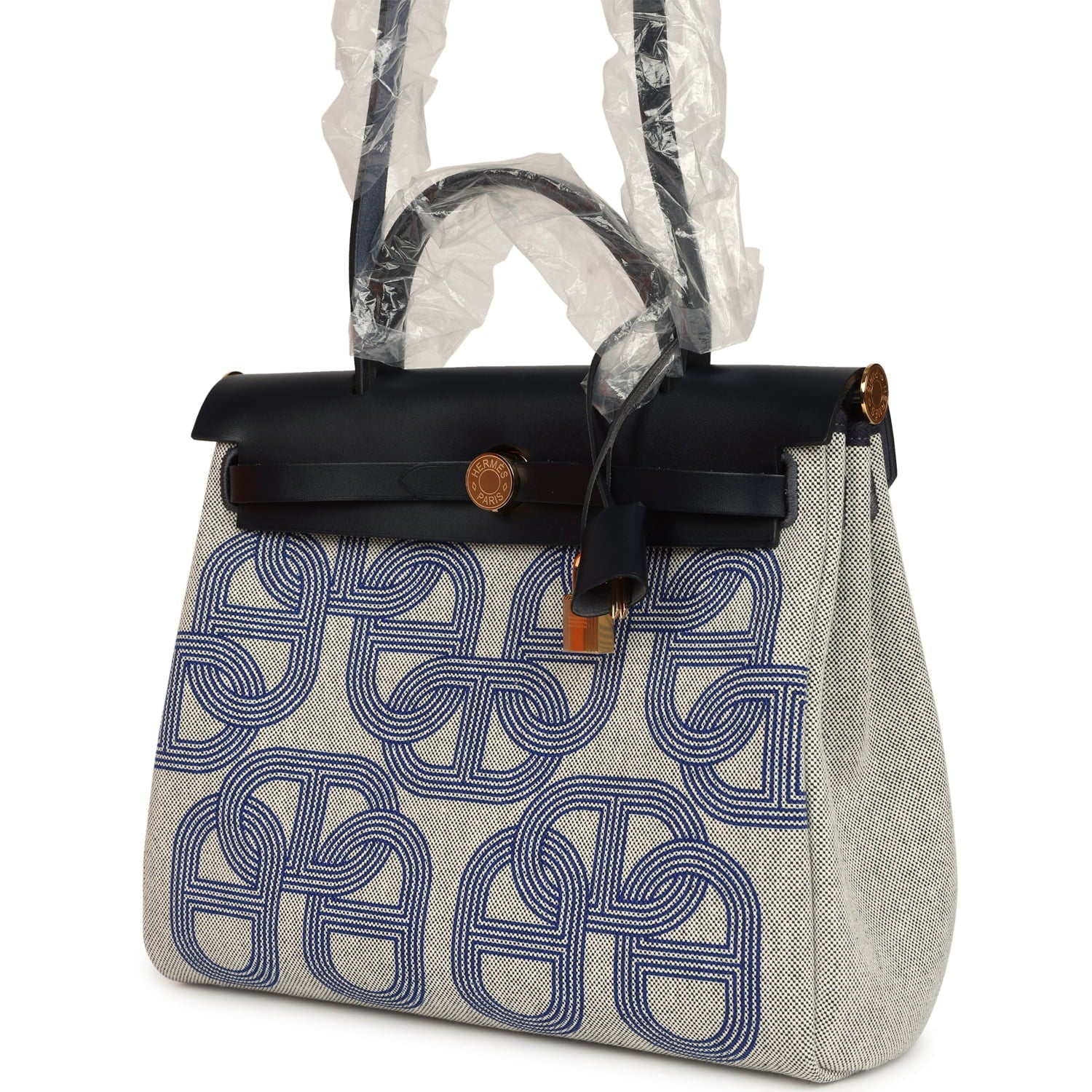 Hermes Herbag Zip PM 31 "Circuit 24" Bleu Royal, Ecru Toile H Canvas and Bleu Indigo Vache Hunter Leather Gold Hardware