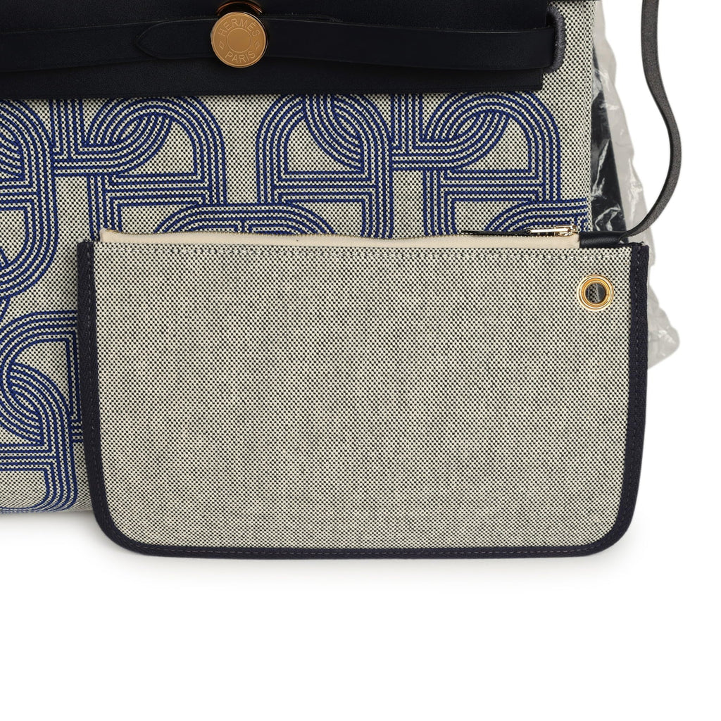 Hermes Herbag Zip PM 31 "Circuit 24" Bleu Royal, Ecru Toile H Canvas and Bleu Indigo Vache Hunter Leather Gold Hardware