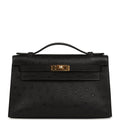 Hermes Kelly Pochette Black Ostrich Gold Hardware