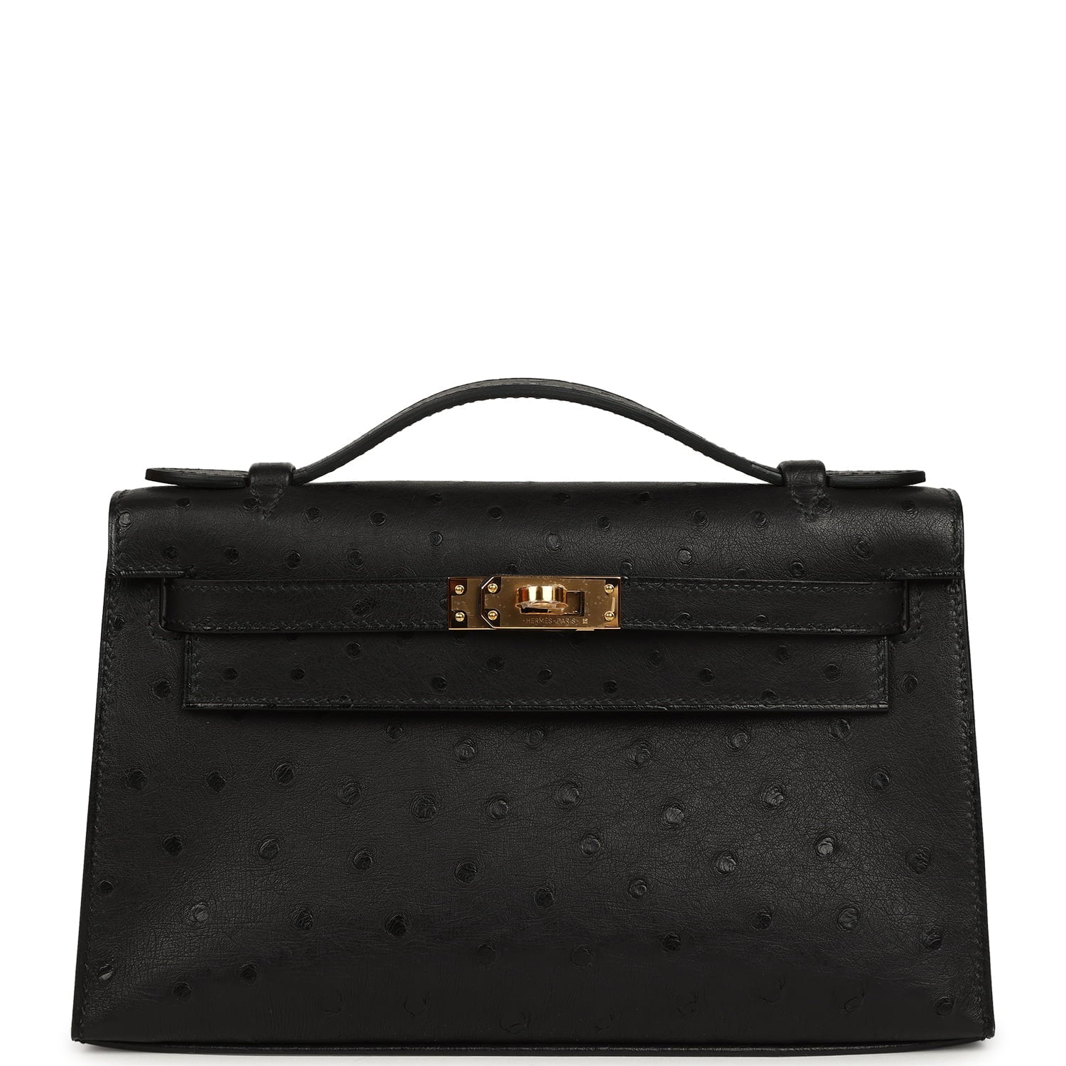 Hermes Kelly Pochette Black Ostrich Gold Hardware