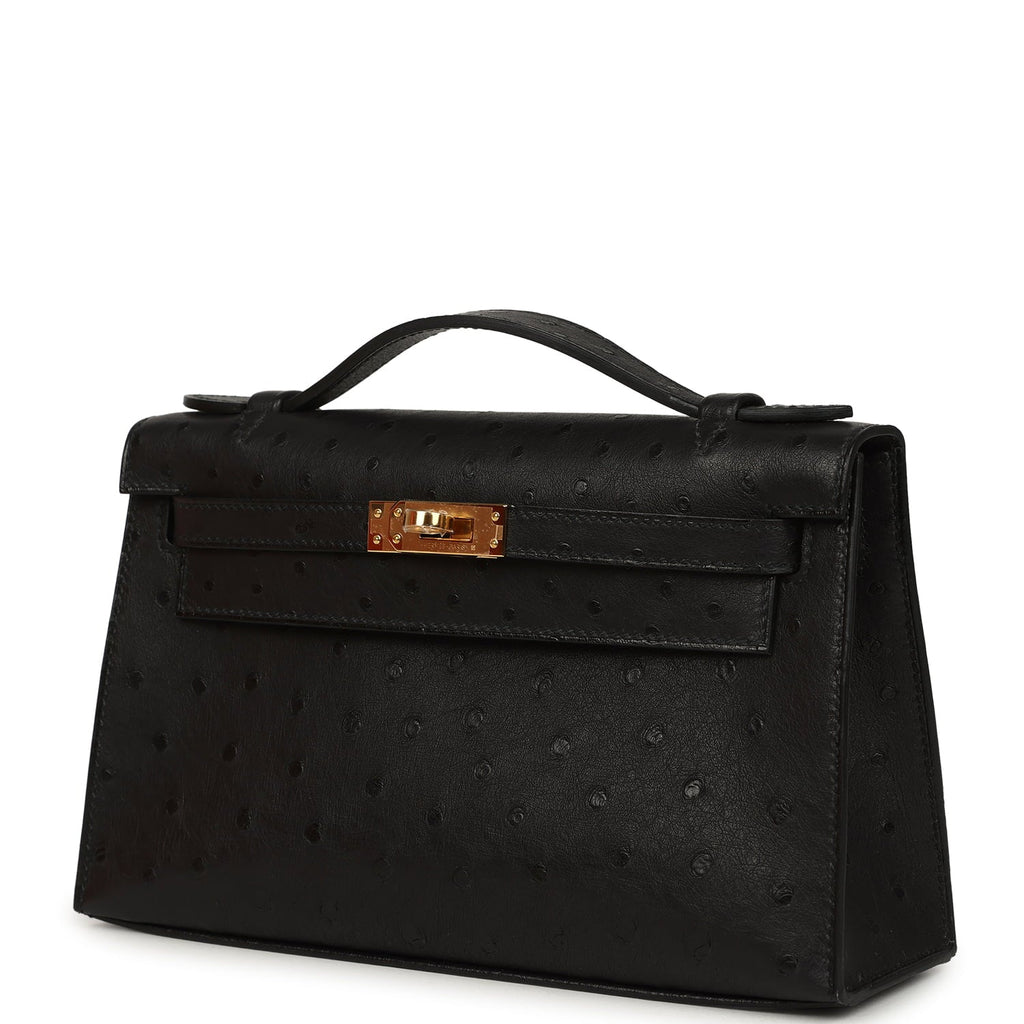 Hermes Kelly Pochette Black Ostrich Gold Hardware