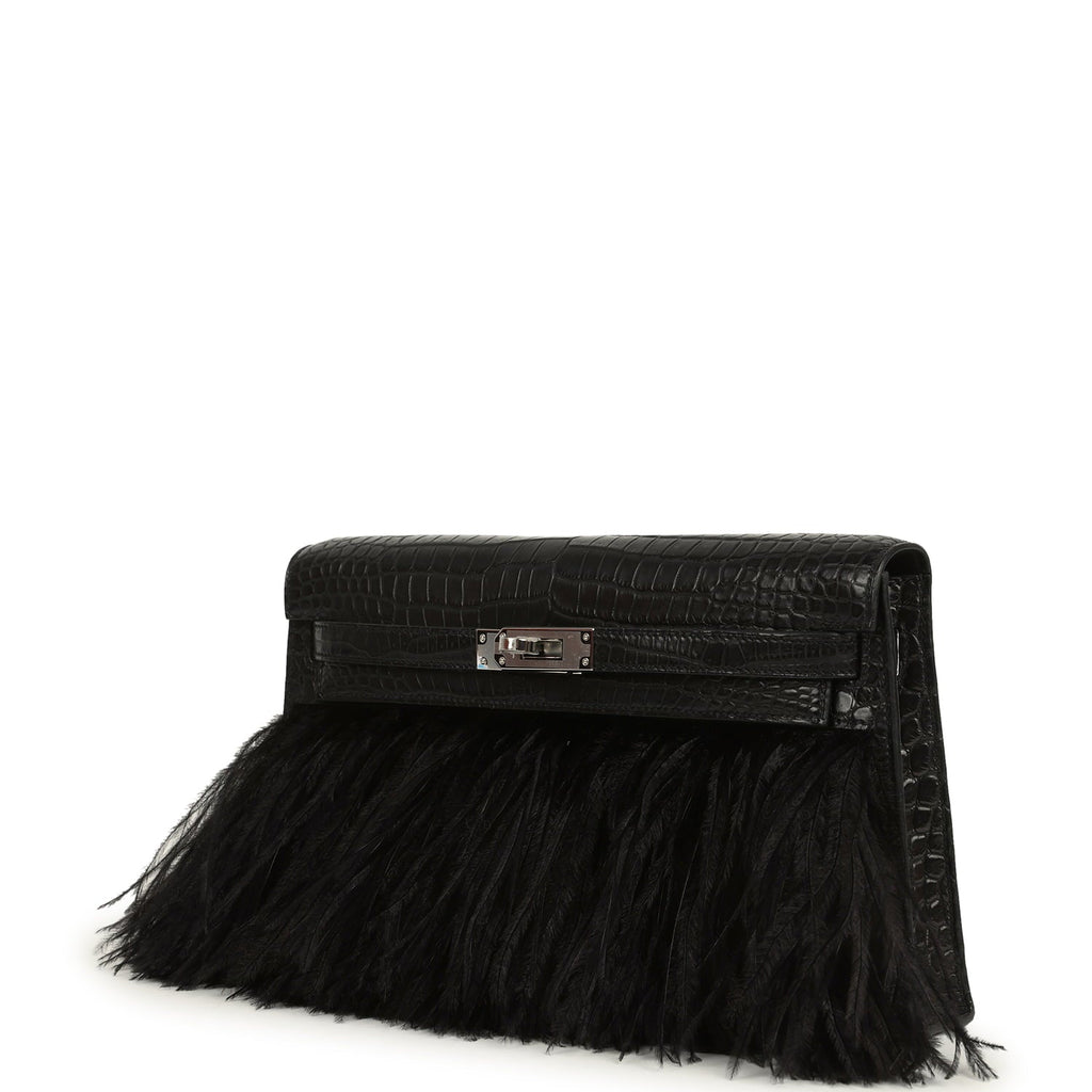 Hermes Kelly Elan Foile Black Matte Porosus Crocodile and Ostrich Feathers Palladium Hardware