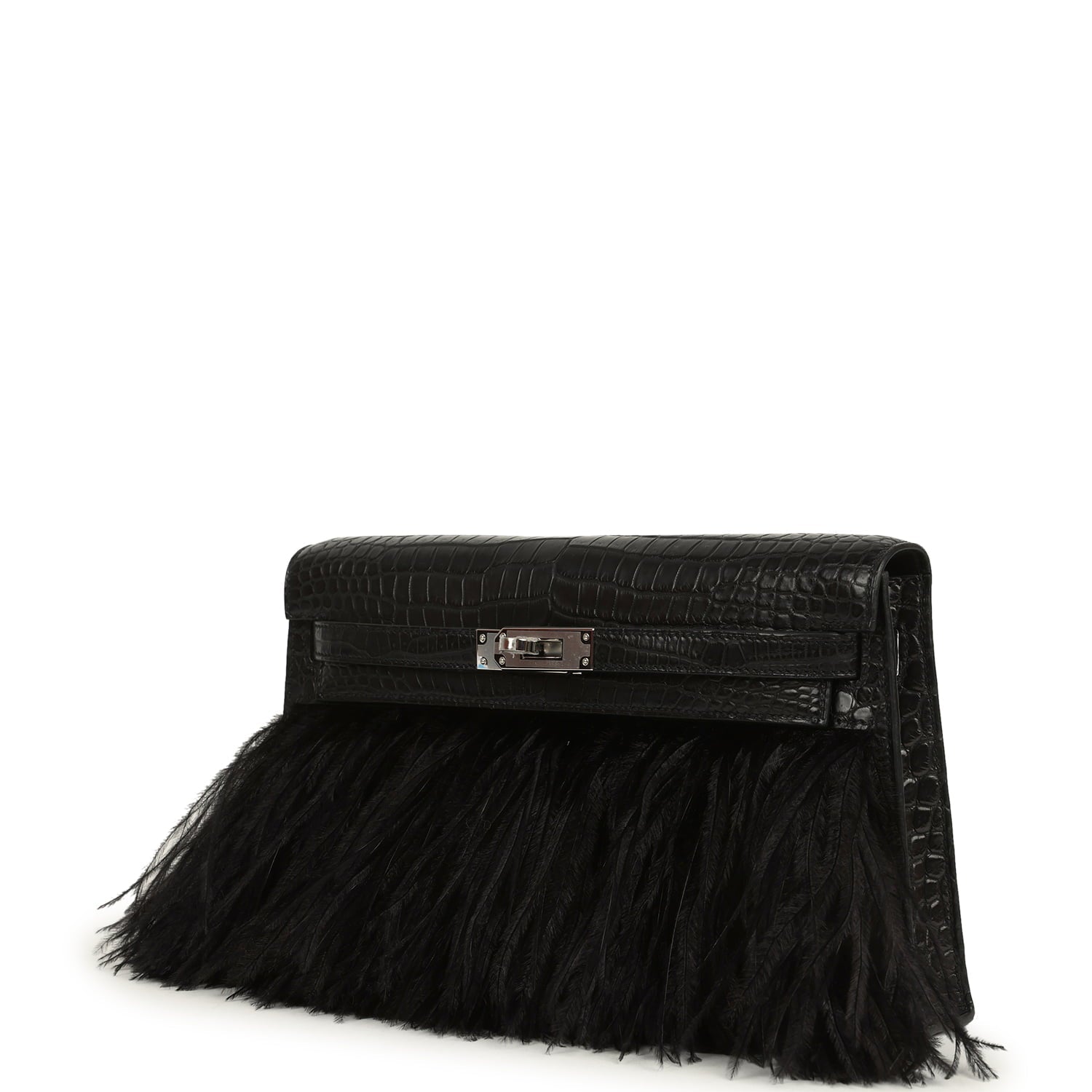 Hermes Kelly Elan Foile Black Matte Porosus Crocodile and Ostrich Feathers Palladium Hardware